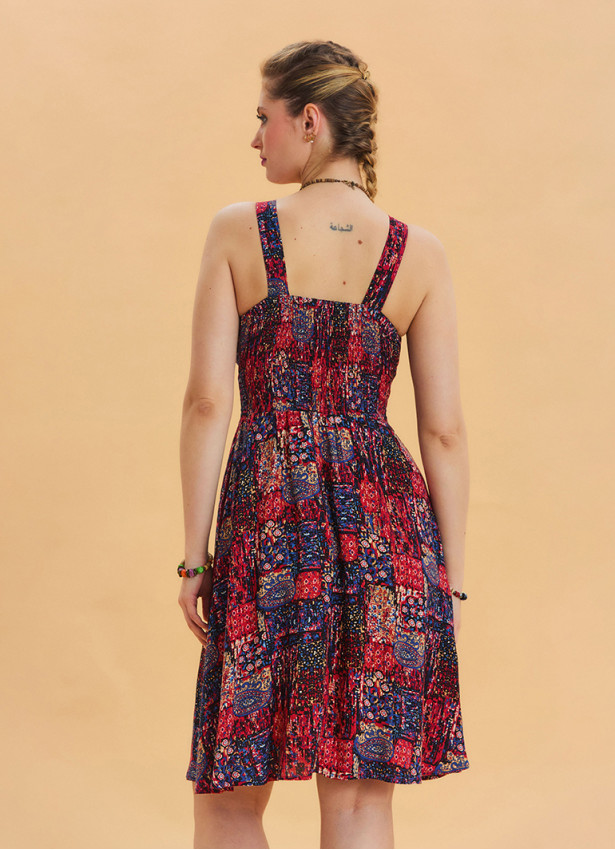 V Neck Robe Red Patterned Ethnic Dress 4515